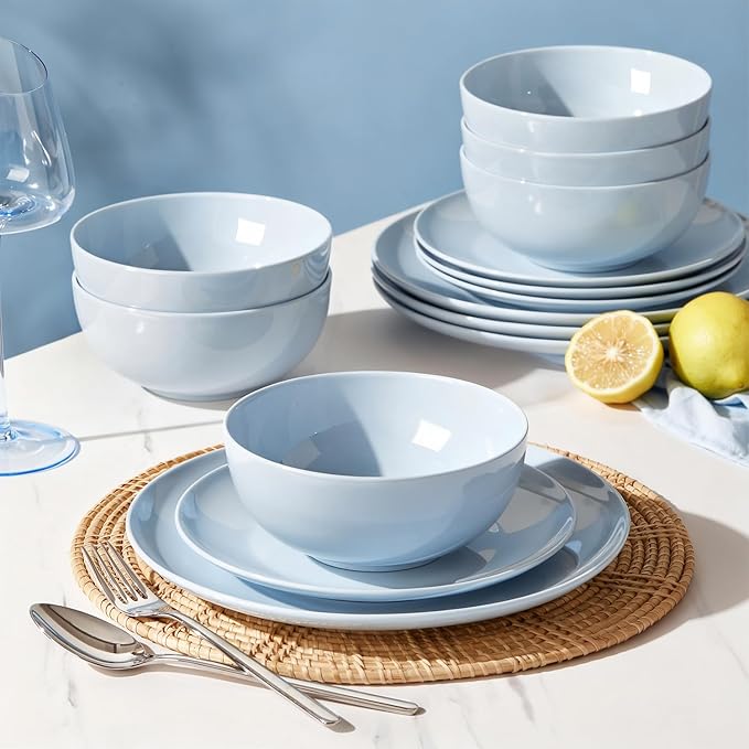 KINGSTONE Bone China Dinnerware Sets 24-Piece Dinnerware Set for 8 Lightweight Durable Dishwasher Safe Tableware for Daily Use with Elegant Design Blue