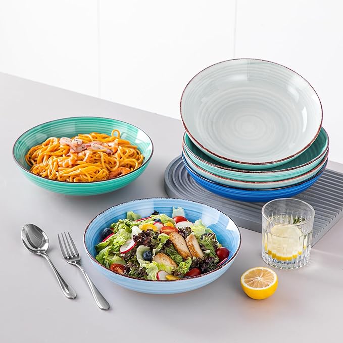 vancasso Bonita Pasta Bowls Set of 6 50oz Large Salad Bowls for Kitchen Stoneware Serving Bowls Dishwasher &amp Microwave Safe Blue Bowl Set