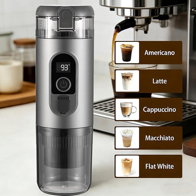 Portable Electric Espresso Machine Self Heating Small Travel Espresso Coffee Maker for Camping RV Hiking Office(Grey)