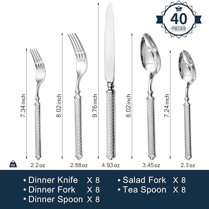 KINGSTONE Retro Rope-Pattern Silverware Set 40-Piece Flatware Set Cutlery Set Forged with Handcrafted Texture Handles 18/10 Stainless Steel Dishwasher Safe