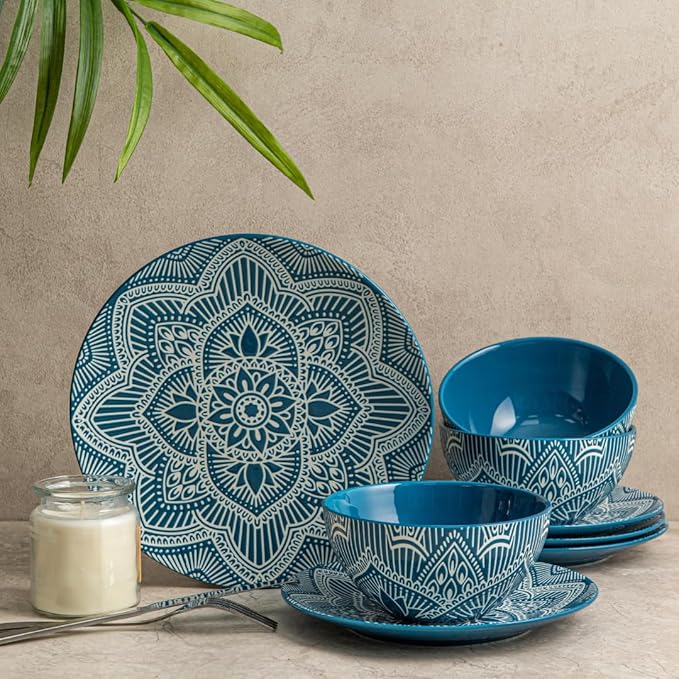 Bzyoo 12-Piece Ceramic Dinnerware Set: La La Mandala Blue Dish Set Design for Every Occasion - Microwave &amp Dishwasher Safe Stackable Plates Bowls