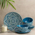 Bzyoo 12-Piece Ceramic Dinnerware Set: La La Mandala Blue Dish Set Design for Every Occasion - Microwave &amp Dishwasher Safe Stackable Plates Bowls