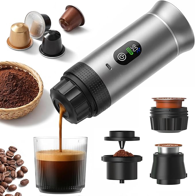 Portable Espresso Coffee Maker Battery Operated Rechargeable Travel Espresso Machine Self Heating Mini Coffee Maker for Camping &amp Car Works with Ground Coffee and Small/Large Capsules 80ml Cup