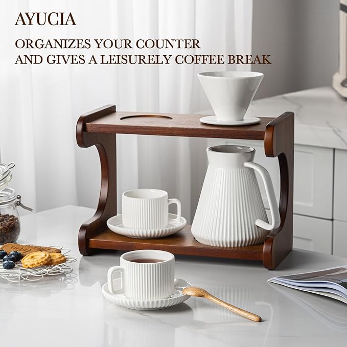 Pour Over Coffee Maker Set 22OZ Ceramic Pour Over Coffee Dripper with Acacia Wood Stand and 5OZ Cups and Saucers Set of 2 Size 02