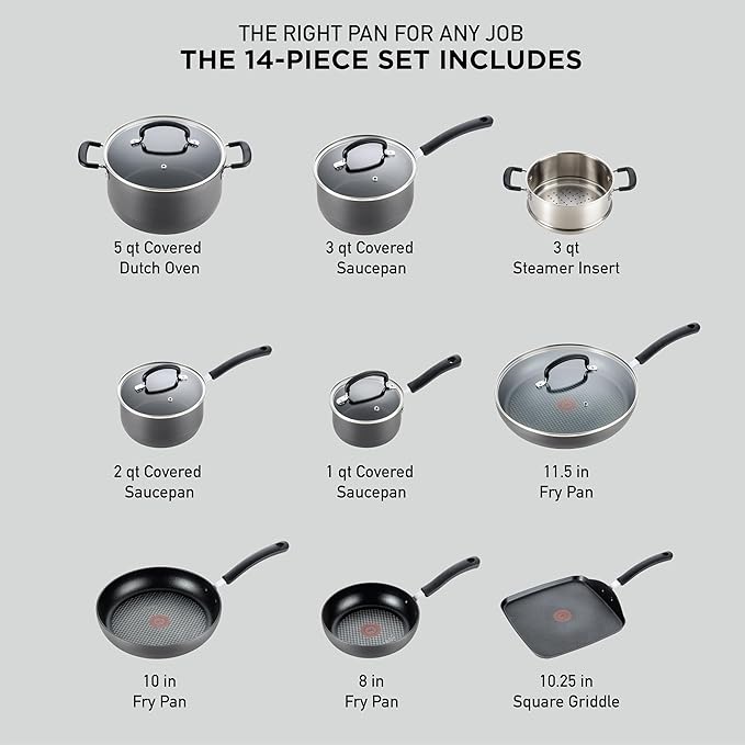 T-fal Ultimate Hard Anodized Nonstick Pots and Pans Set 14 Piece Oven Broiler Safe 400F Kitchen Cooking Set w/Fry Pans Saucepans Griddle Dutch Oven Dishwasher Safe Cookware Black