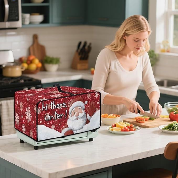 Doojoayie 4 Slice Toaster Cover Christmas Santa Kitchen Appliance Covers Universal Fit Toaster Oven Cover with Top Handle Belt Easy to Storange Red Christmas Home Decorations