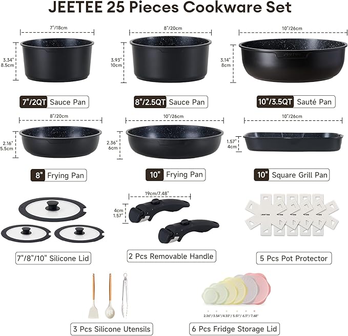 JEETEE 25pcs Pots and Pan Set Non StickDetachable Handle Cookware SetInduction Cooking &amp RV Camping Stackable Pots PansHealthy Kitchen Cookware Set PFAS/PFOA FreeBlack