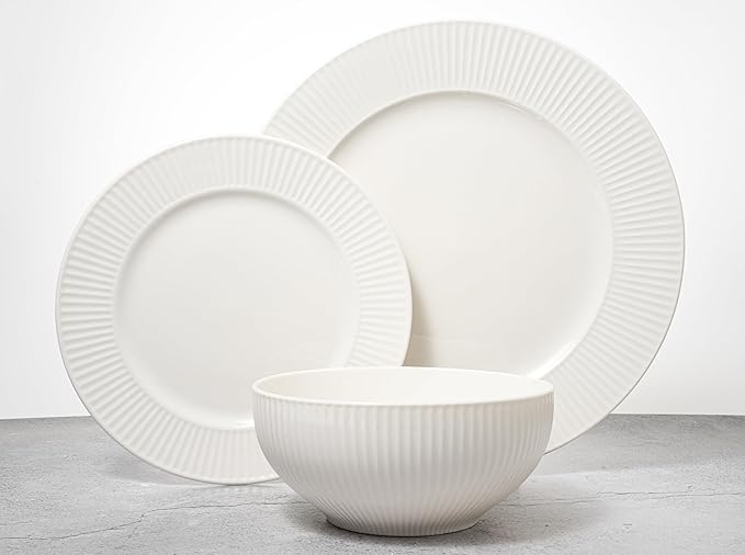 New Bone China 12 Piece Dinnerware Set Santorini Collection (Sun) White Daily Use China Embossed Tableware Service for 4