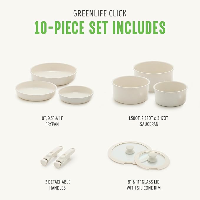 GreenLife 10 Piece Nonstick Pots &amp Pans Set Detachable Handle &amp Stackable Cookware Set Non Toxic PFAS-Free Skillets Induction Kitchen Pans Space Saving Serving Bowls Oven Safe Speckled