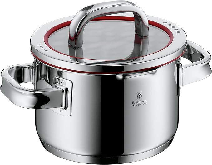 WMF cookware Ø 16 cm approx. 19l Function 4 Inside scaling lid - pour off or decant liquids without spilling to keep your dishes and cooker clean. Made in Germany hollow side handles glass lid Cromar