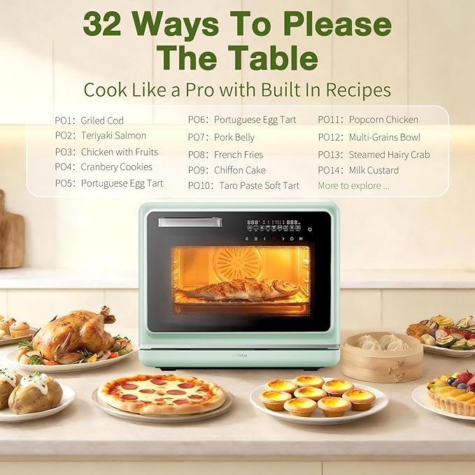 ROBAM Toaster Air Fryer Oven Combo Countertop Convection Cooker with Bake &amp Fry 1.2 Cu.Ft Large Capacity Combi Steam Oven 32 Preset Recipes Smart Touch Precise Temp Control Multi-Stage (Green