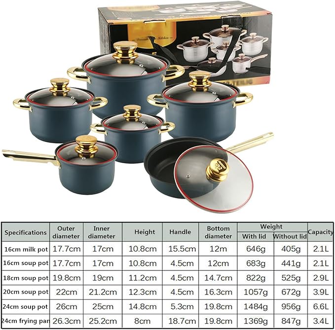 12pcs Pots and Pans Set Non Stick Stainless Steel Kitchen Cookware Sets Induction with Visual Lid Cooking Set Includes Soup Pot Frying Pan Milk Pot for Oven &amp Dishwasher SafeA