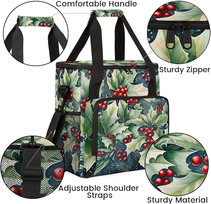 Holly Leaves Coffee Maker Carrying Bag Christmas Holly Travel Storage Bag Compatible with K-Mini or K-Mini Plus Single Serve Coffee Brewer Carrying Case with Multiple Pockets &amp Shoulder Strap