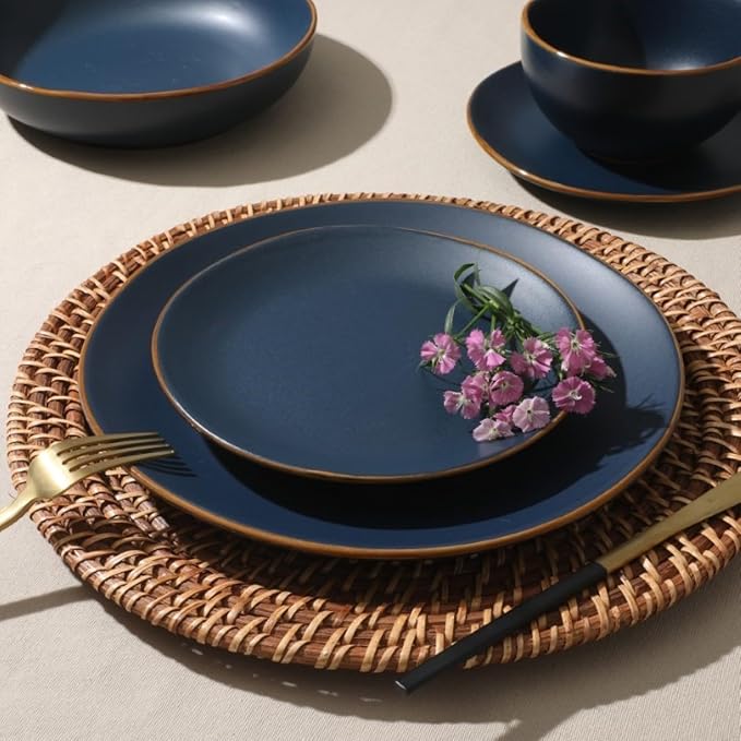 Gibson Home Hazeltine 16-Piece Navy Blue Stoneware Dinnerware Set – Plates and Bowls Durable Ceramic Kitchen Dinner Set