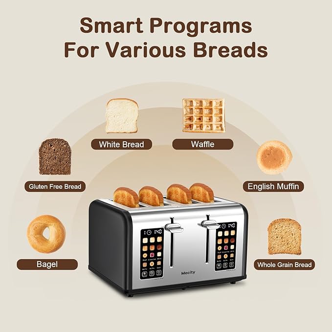 Mecity 4 Slice Toaster with Touch Screen Control 4 Wide Slots Stainless Steel Smart Bread Toaster for Bagels Muffins Waffles Dual Control Panel Timer Defrost Reheat 120V 1650W Matt Black