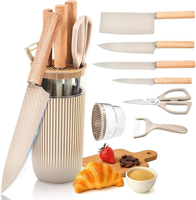 Knife Set 7-Piece Kitchen Knife Set with Sharp Chef and Meat Knives Anti-Rust Utility Knives Set for Kitchen Kitchen Knife Block Set – Khaki