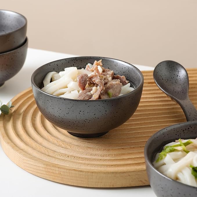 Stone + Lain Valencia Porcelain 8-Piece Round Bowl and Spoon Serving Set Metallic Grey