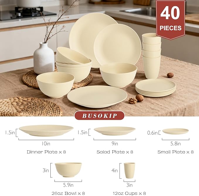 40 PCS Wheat Straw Dishes Sets | Reusable Dinnerware Set for 8 - Dinner Plates Cereal Bowls Drinking Glasses Unbreakable Plastic Plates and Bowls Sets Microwave Safe for Kitchen - Beige