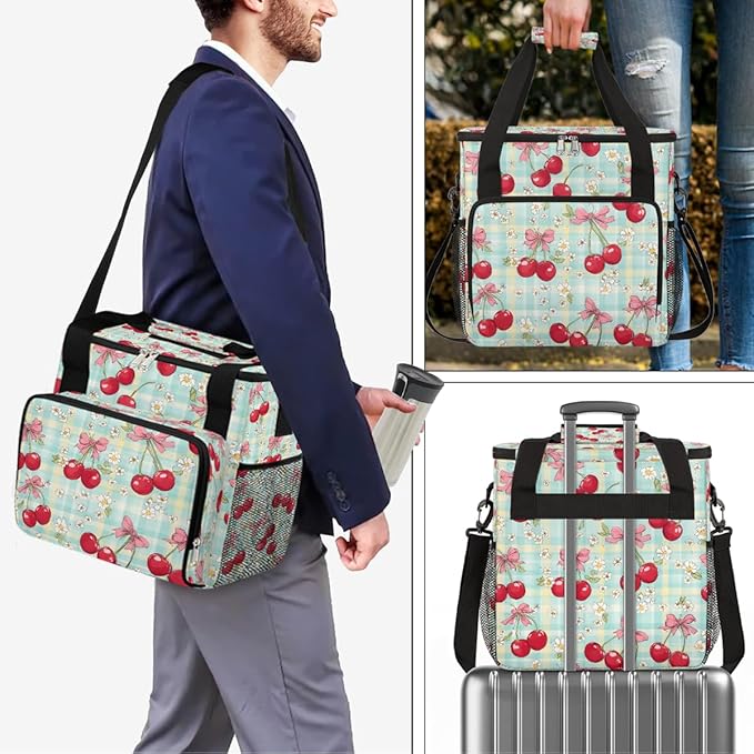 Cherries White Flowers Coffee Maker Carrying Bag Coffee Machine Travel Storage Bag Compatible with K-Mini or K-Mini Plus Portable Single Serve Coffees Brewer Case with Pockets for K-Cup Pods