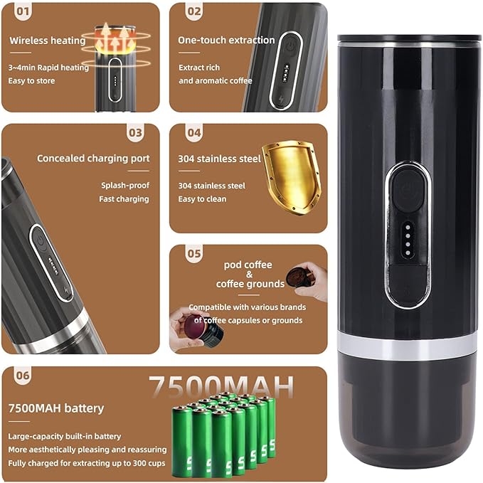 Ymiko Portable Coffee Machine Cordless Self Heating Coffee Maker Quick Extraction for Outdoor Enthusiasts Travel Coffee Brewer