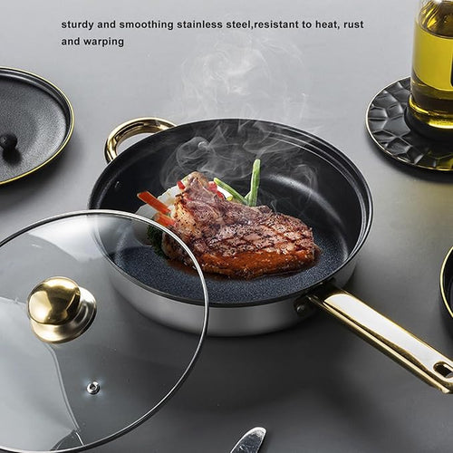 12Pcs Kitchen Pots Stainless Steel Golden Handle Smoothing Sturdy Cookware Set with Elegant Gold Color and for Home Cooking and All Cooktops