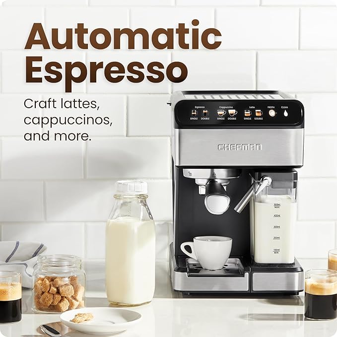 Chefman CaféMaster Pro Espresso Machine Brew Single or Double Shots Coffee Maker with Built-In Milk Frother for Cappuccino &amp Latte XL 1.8 Liter Removable Water Reservoir - Stainless Steel