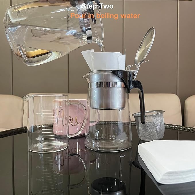 Pour Over Coffee Maker Set 304 Stainless Steel Coffee Dripper with On/Off Switch Borosilicate Glass Small Coffee Pot 50 Filter Papers Multi-Functional Immersion Drip Cafe Brewer Machine (1 250ml)