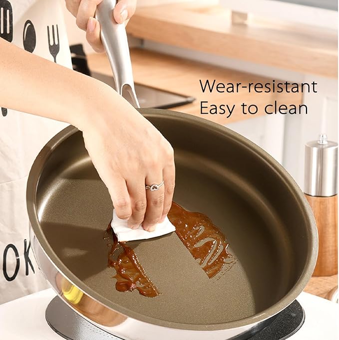 10''11''Titanium-Infused 304 Stainless Steel Frying Pan with Glass Lid – Low-Smoke Non-Stick Skillet Wear-Resistant &amp All Cooktop Compatible (10 inch)