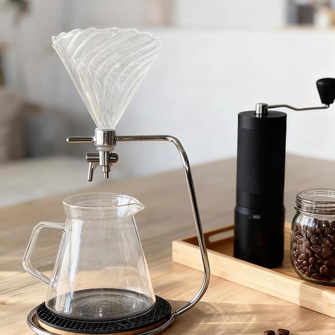 Pour Over Coffee Maker 600 Ml Glass Coffee &amp Tea Brewer with Stainless Steel Stand and Coaster Drip Filter Cup for Home or Office Makes 2-4 Cups