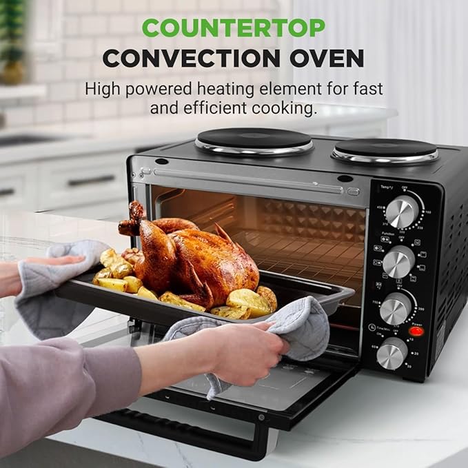 Nutrichef 2-in-1 Convection Oven &amp Cooker - 30 Quart 1500W Multi-Function Kitchen Oven with Dual Hot Plates 7 Cooking Modes Including Rotisserie Broil Bake - 19.6 x 16.0 x 13.5 Inches