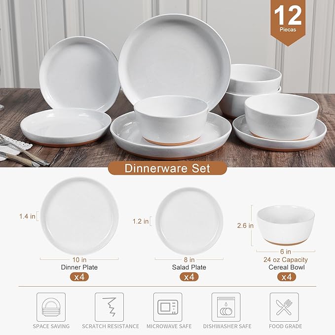 Ceramic Dinnerware SetsPorcelain Plates and Bowls Set with Rustic Terracotta Underside Scratch Resistant 12 Pieces Stoneware Dishes Set Dishwasher &amp Microwave SafeWhite(Brown)