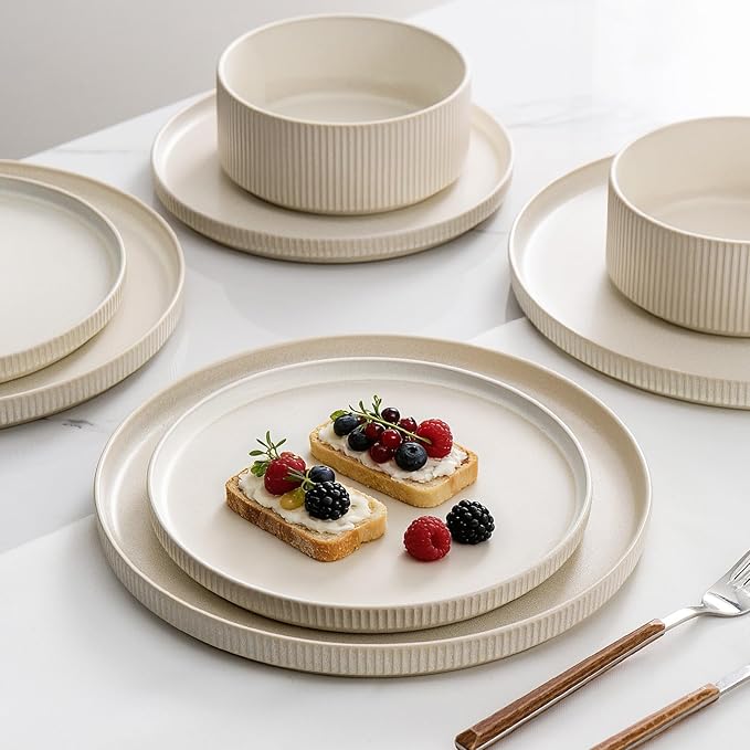 Dinnerware Set Service for 4 12-Piece Ceramic Plates and Bowls Set Chip &amp Scratch Resistant Microwave and Dishwasher Safe Modern Minimalist Tableware for Everyday Use Matte White
