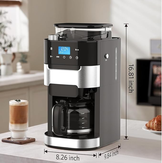 10-Cup Drip Coffee Maker with Built-in Grinder Programmable Grind &amp Brew Combo Coffee Machines with LED Touchscreen 24H Timer 2-Hour Warm Plate Black