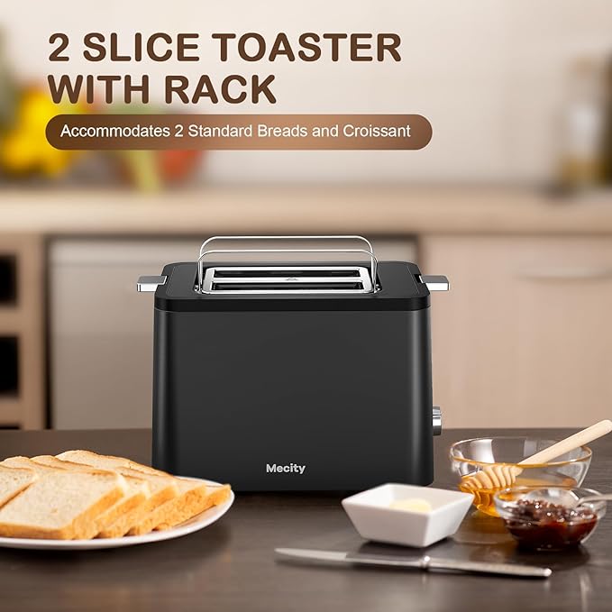 Mecity Toaster 2 Slice Stainless Steel Body Timer Bagel Defrost Reheat Cancel Functions Warming Rack Removable Tray 6 Browning Settings Extra Wide Slots Bread Toaster 120V 800W Black