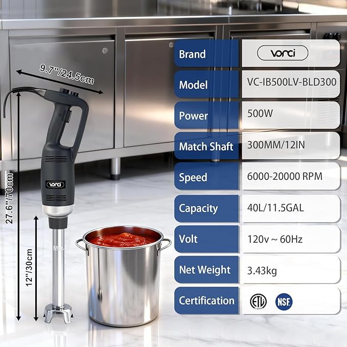 VONCI 500W Commercial Immersion Blender 12 SUS 304 Removable Shaft Heavy Duty Power Hand Mixer with Variable Speed 6000-20000RPM Professional Electric Stick Blender for Restaurant Kitchen Use.