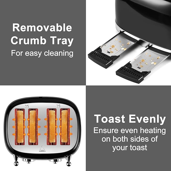 CUSIMAX Toaster 4 Slice Retro Toaster with Wide Slots for Bagels Stainless Steel with 6 Toast Settings Bagel Cancel Defrost &amp Reheat Functions Dual Independent Control Panels Black
