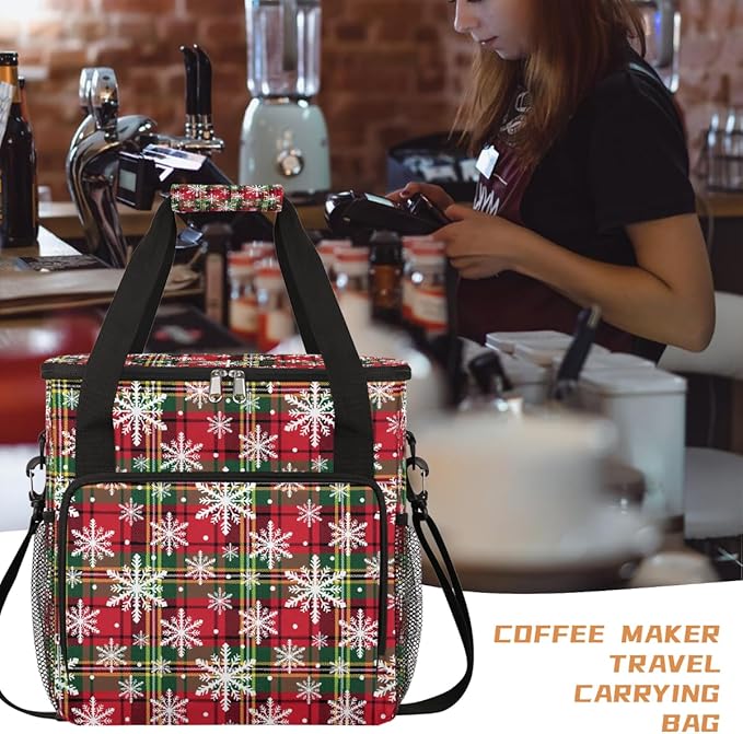 Christmas Snowflake Plaid Green Coffee Maker Carring Bag Travel Carrying Storage Tote Bag Compatible with Keurig K-Mini or K-Mini Plus Portable Single Serve Coffee Brewer Case with Pockets