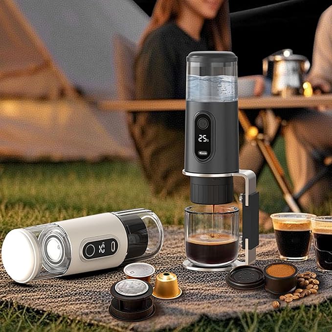 Portable Coffee Maker Espresso Machine with 2500mAh Battery and Type C Charging Compatible with Coffee Capsules and Grounds for Travel Camping Hiking Office (Black)