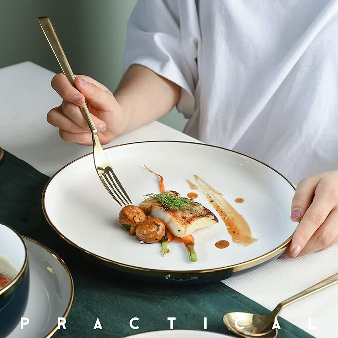 Porcelain Dinnerware Sets 12 Piece Luxury China Plates and Bowls Sets Green Dishes Set Gold Rim for Wedding Anniversary Birthday Modern Dinner Plates Set