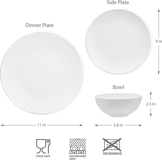 bzyoo 12 Piece White Melamine Dinnerware Set - Durable Easy to Clean Plates and Bowls - Ideals for Parties Camping Dish Set BPA Free Organica White Collection
