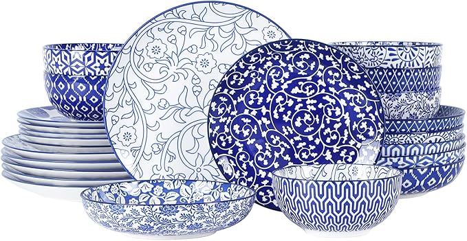 Selamica Ceramic Dinnerware Sets for 6 24 Piece Plates and Bowls Sets Scratch Resistant Dishes Set-Dishwasher &amp Microwave &amp Oven Safe Vintage Blue