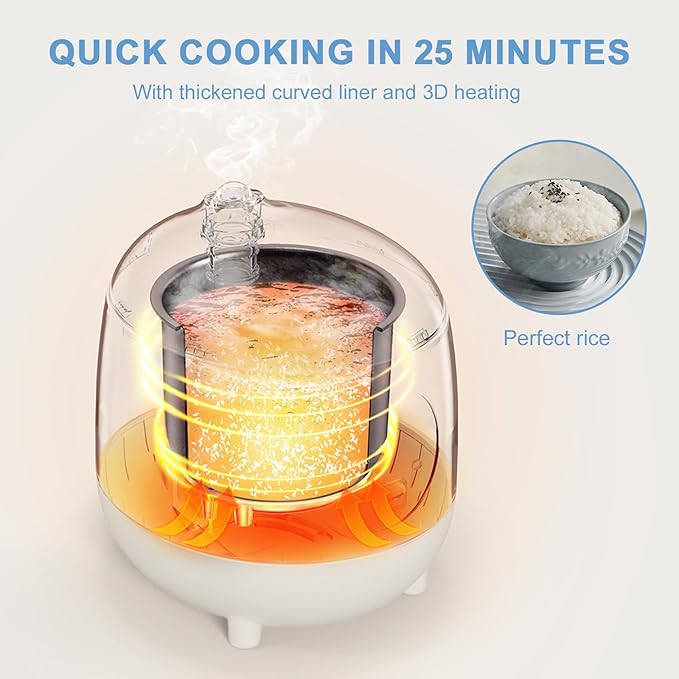 Bear Mini Rice Cooker 2 Cups Uncooked 1.2L Portable Non-Stick Small Travel Rice Cooker BPA Free One Button to Cook and Keep Warm Function White