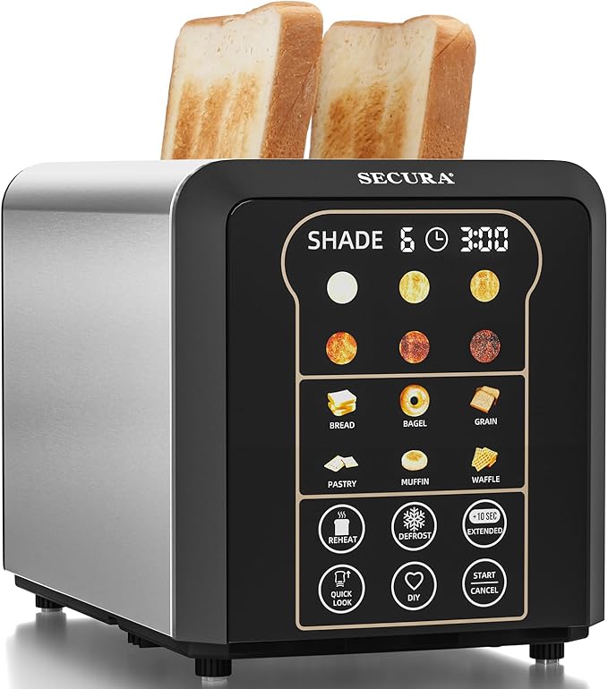 Secura 2 Slice Automatic Toaster Touch Screen Smart Toaster with Digital Timer 6 Bread Type &amp 6 Browning Levels Reheat Deforst +10s Extended Customizable Memory Settings Great for Home RV Off