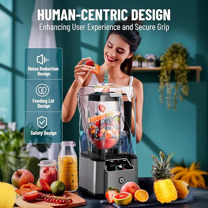 Professional Commercial Blender With Shield Quiet Sound Enclosure 2200W Industries Strong and Quiet Professional-Grade Power Self-CleaningGrey