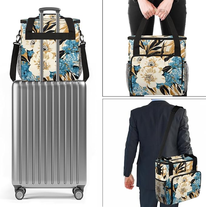 Tiger Print Coffee Maker Carrying Bag Blue Flower Travel Storage Bag Compatible with K-Mini or K-Mini Plus Single Serve Coffee Brewer Carrying Case with Multiple Pockets &amp Shoulder Strap
