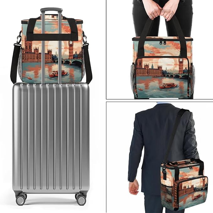 City Landscape Coffee Maker Travel Bag for Keurig K-Mini/K-Mini Plus Insulated Waterproof Tote with Pockets for K-Cup Portable Single-Serve Brewer Case