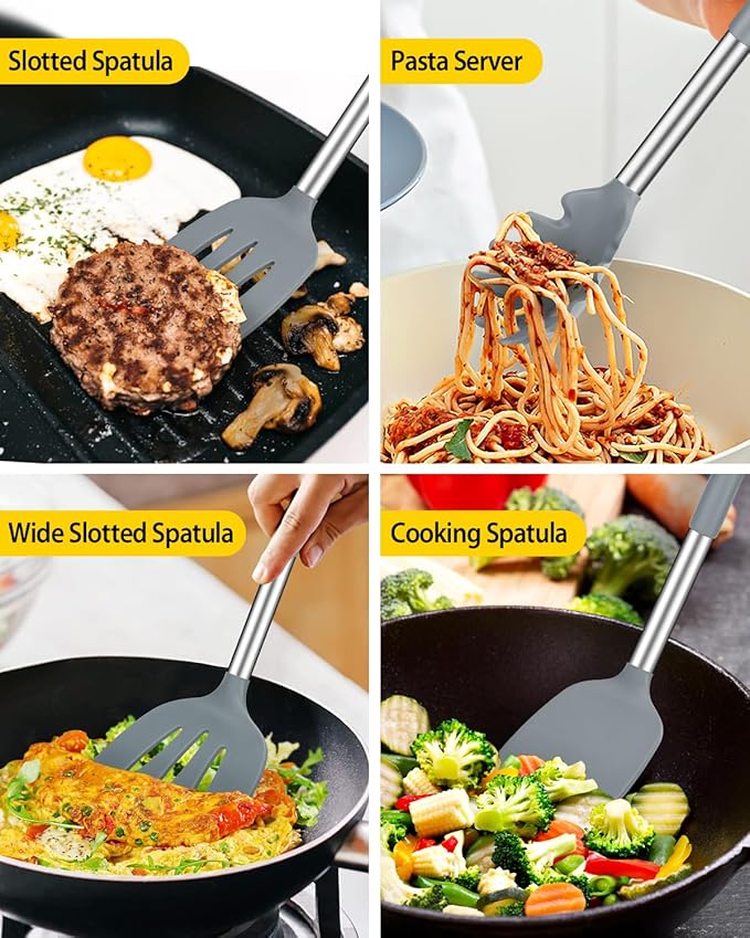 Silicone Cooking Utensil Set 8Pcs Non-stick Cookware with Stainless Steel Handle BPA Free Heat Resistant Kitchen Tools with Spatulas Turnesr Spoons Skimer and Pasta Fork (GRAY)