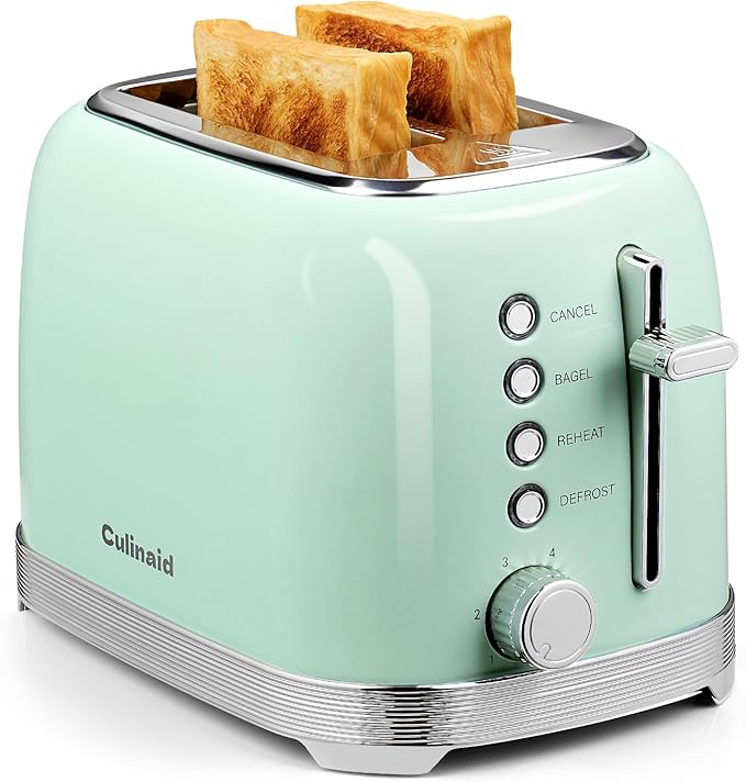 Toaster 2 Slice Retro Stainless Steel with 1.5” Extra Wide Slots Bagel Defrost Reheat Cancel Functions 6 Bread Shade Settings Removable Crumb Tray Aqua Green