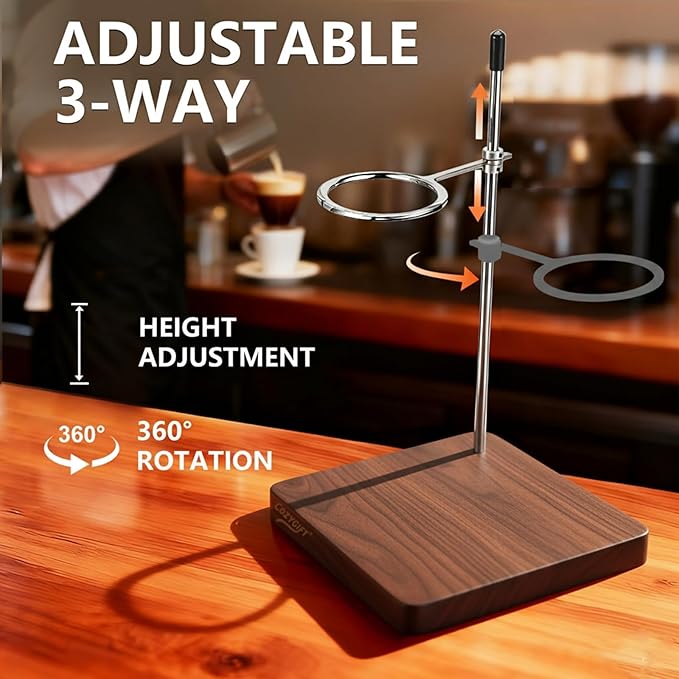 Solid North American Walnut Pour Over Coffee Stand - Adjustable Height Dripper Holder with 304 Stainless Steel Arm - Compatible with Hario V60 01 02 &amp Cone Brewers - Heavy Non-Slip Base (Stand Onl