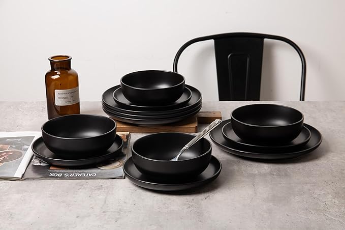12-Piece Stoneware Dinnerware Set for 4 10 Plates &amp 7.5 Salad Plates &amp 5.9 Bowls Microwave &amp Dishwasher Safe Stackable Matte Glaze Kitchenware Chip &amp Scratch Resistant(Black)